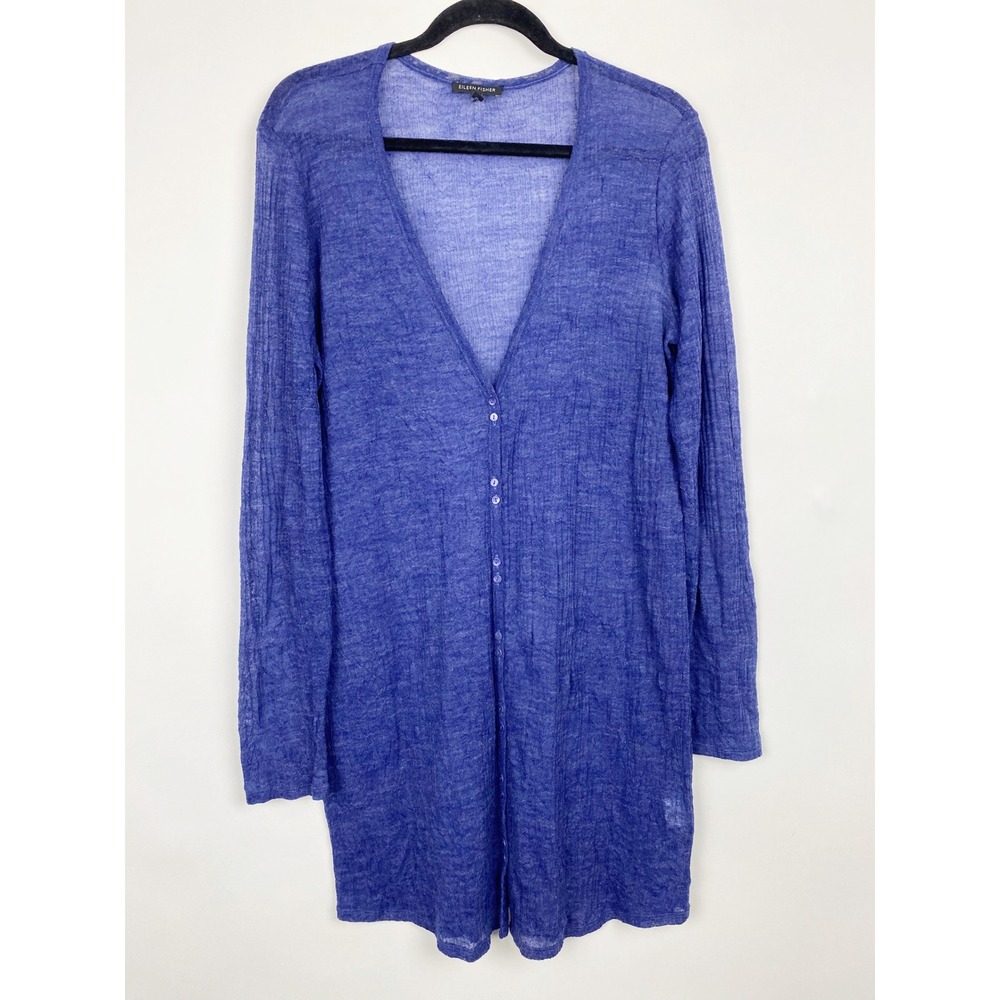 Eileen Fisher Crinkle Knit V-Neck Button Front Longline Cardigan Women L Blue